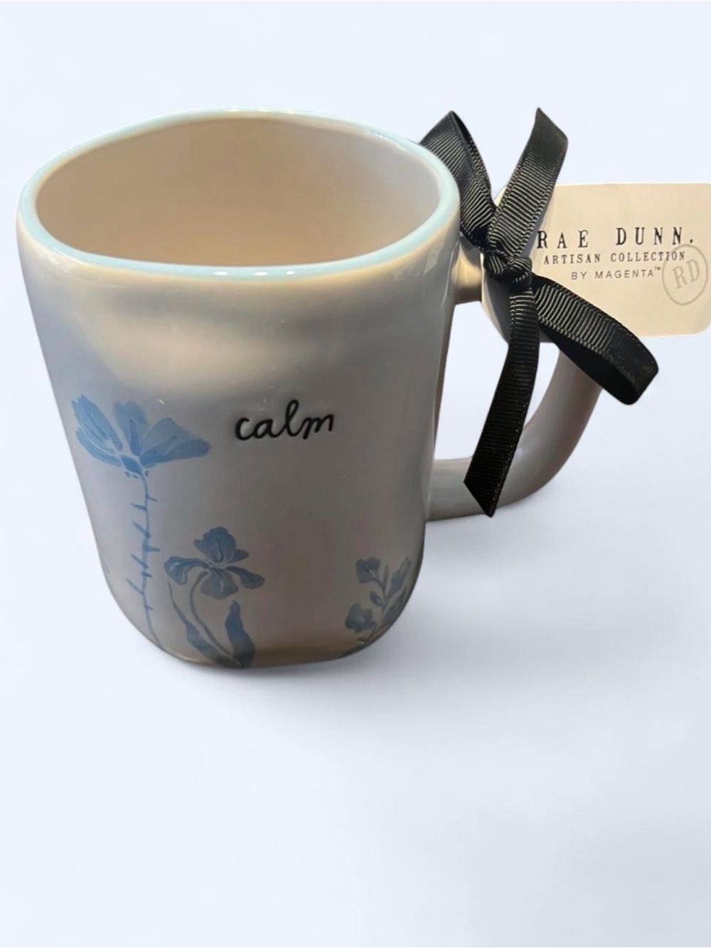 Rae Dunn “Calm” Blue Flowers White Double Sided Coffee Beverage Mug